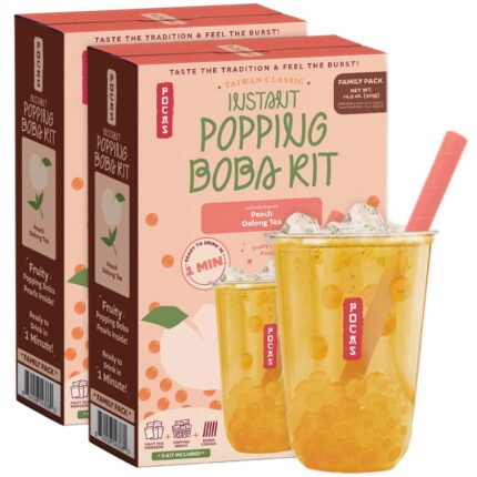 Cinquer Instant Popping Boba Tea Kit – 2-Pack Peach Oolong with Powder, Pearls & Paper Straws, 14.9 Oz Each